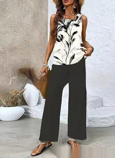 Sarah Express Women's Print Two-Piece Set Sleeveless Double Layer Vest Top Loose Straight Pants Floral Suit