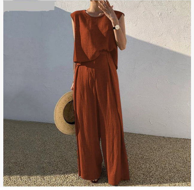 Sarah Express Women's Cotton Linen Two-Piece Set Sleeveless Top Wide Leg Pants Casual