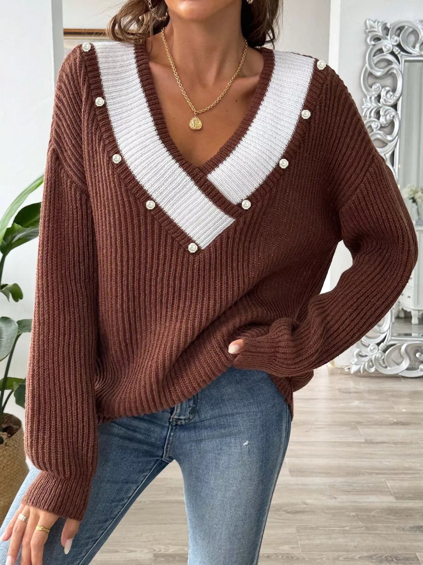 Sarah Express Women's V-Neck Button-Decorated Sweater Brown