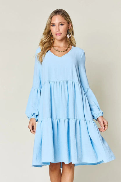 Sarah Express Women's V-Neck Balloon Sleeve Tiered Dress with Pockets Light Blue