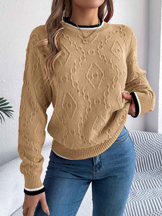 Sarah Express Women's Color Block Cable Knit Pullover Sweater - Long Sleeve Casual Knitwear