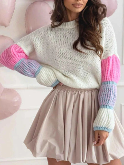 Sarah Express Women's Color Block Round Neck Sweater - Ribbed Knit Long Sleeve Pullover