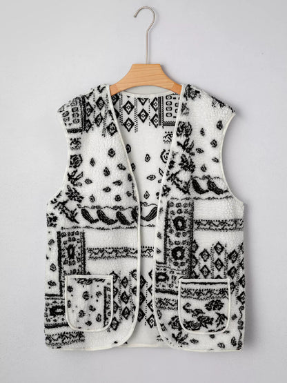 Sarah Express Women's Sherpa Paisley Print Pocketed Western Fashion Vest Jacket