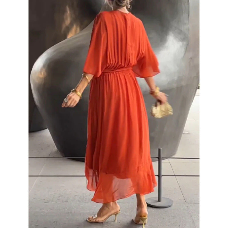 Sarah Express Women's Batwing Sleeve V-Neck Dress Summer Tie Detail Irregular Hem Mid-Length Fairy Dress