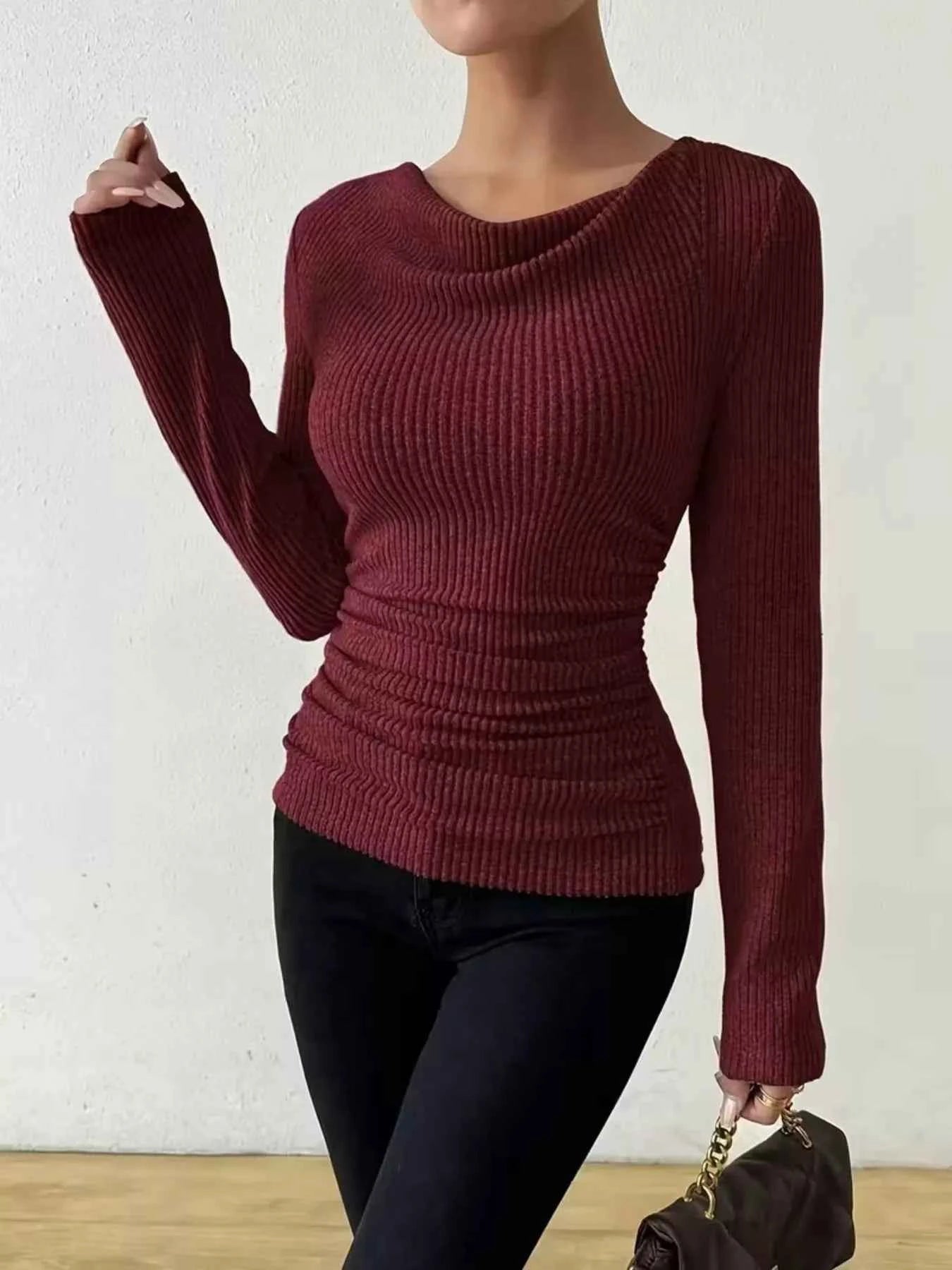 Sarah Express Women's Cowl Neck Ribbed Long Sleeve Sweater - Ruched Pullover Top