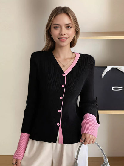 Sarah Express Women's Contrast Trim Ribbed Knit Cardigan Pink One Size