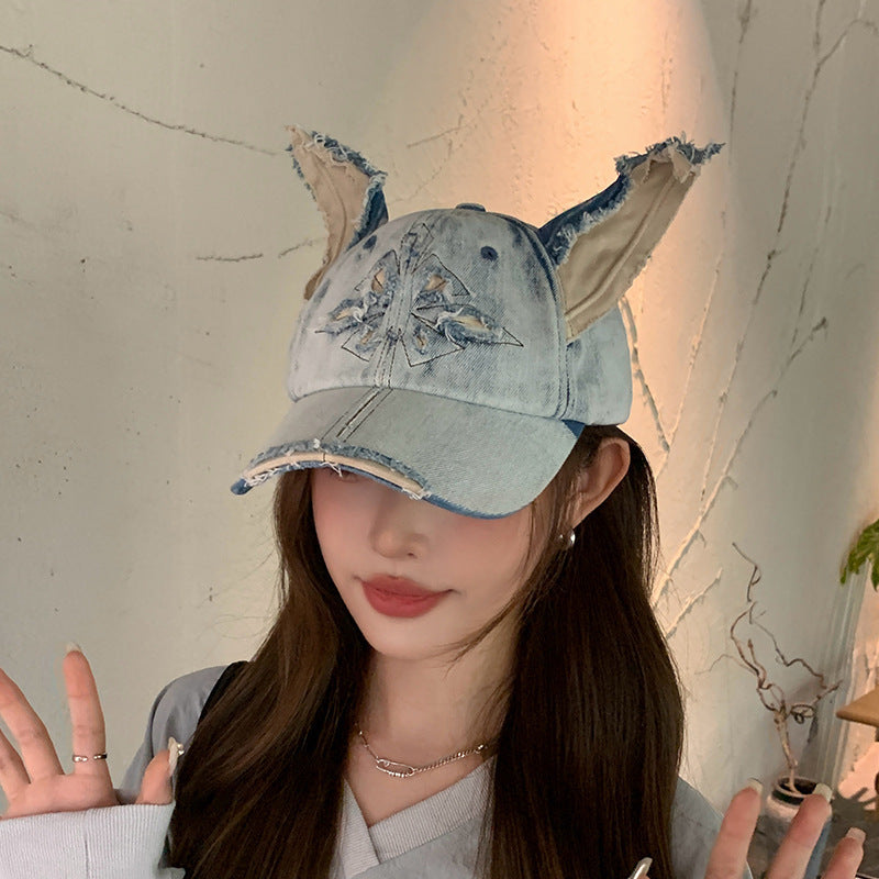 Sarah Express Women's Doberman Graphic Baseball Cap Distressed Denim Adjustable Hat Casual Streetwear