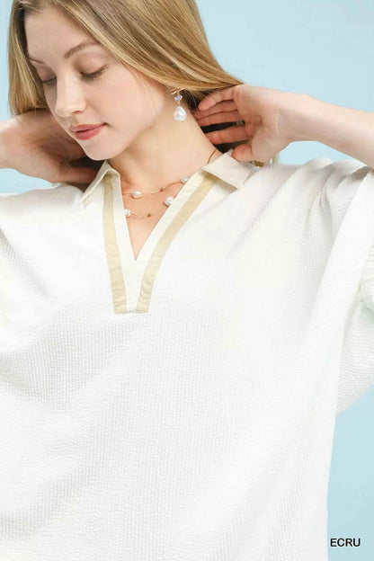 Sarah Express Women's Contrast Collar V-Neck Top - Rayon Blend Casual Blouse