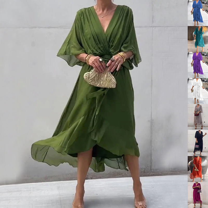 Sarah Express Women's Batwing Sleeve V-Neck Dress Summer Tie Detail Irregular Hem Mid-Length Fairy Dress