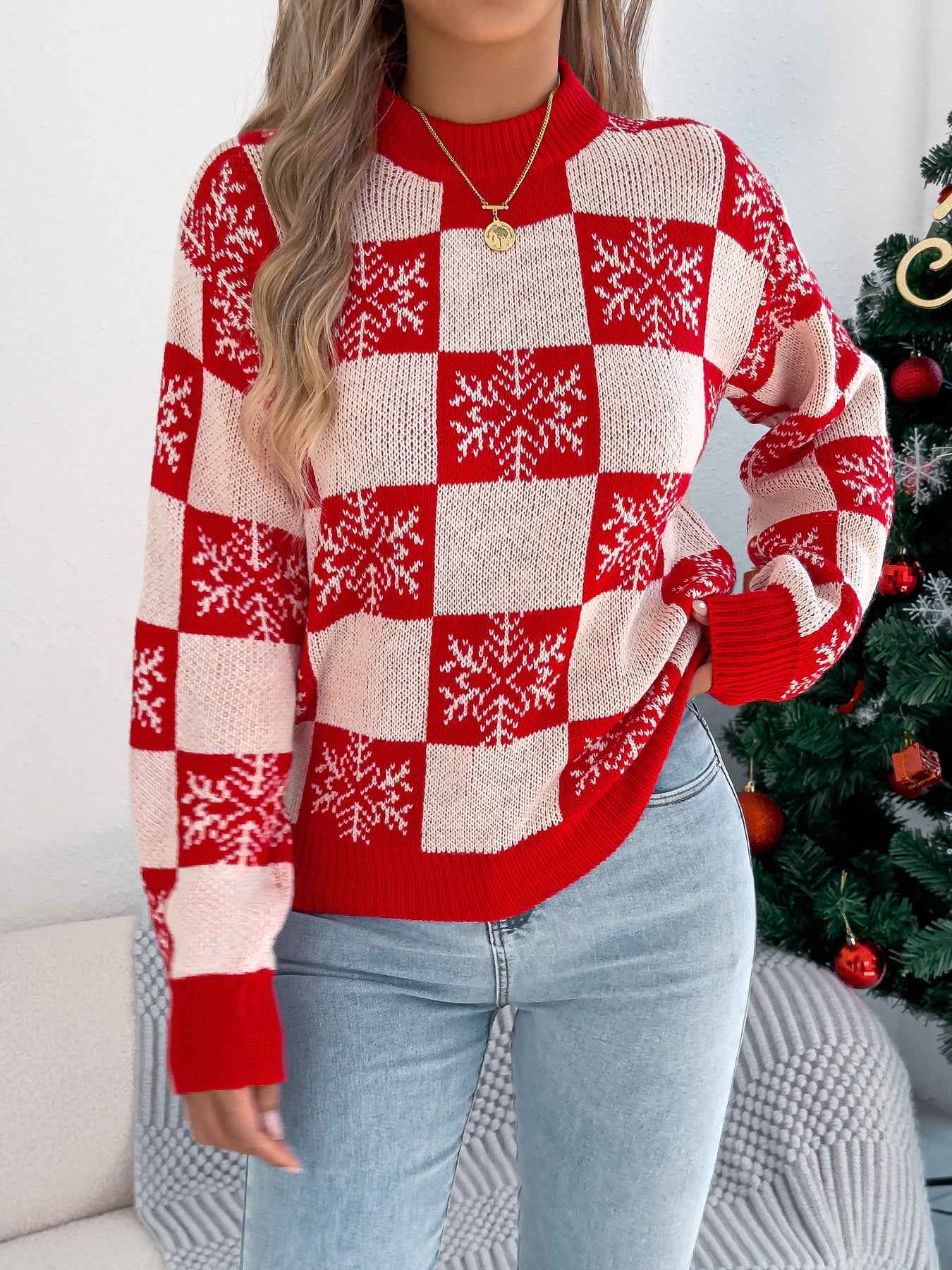 Sarah Express Women's Snowflake Plaid Lantern Sleeve Pullover Sweater - Jacquard Knit Red