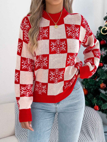 Sarah Express Women's Snowflake Plaid Lantern Sleeve Pullover Sweater - Jacquard Knit Red