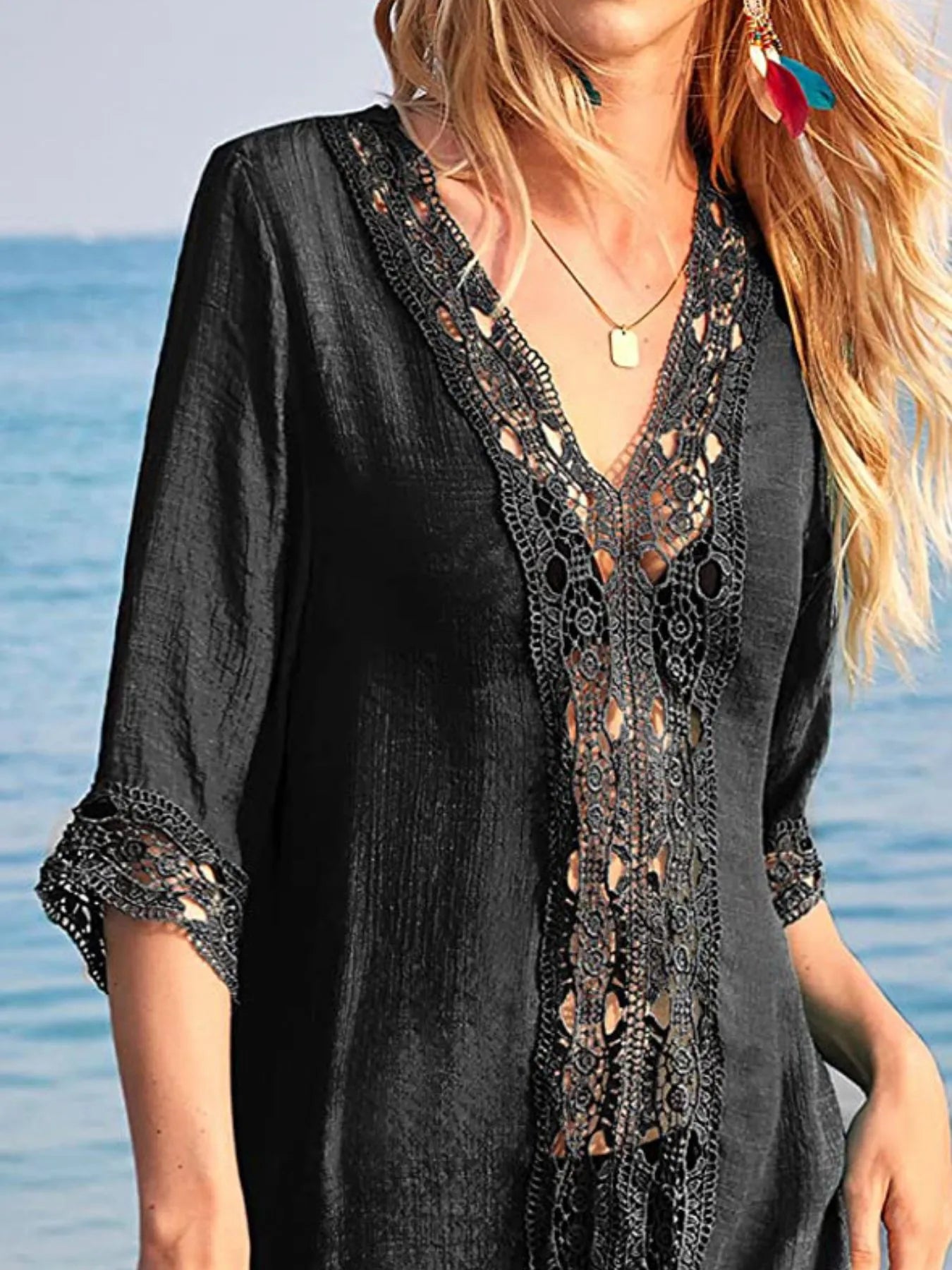 Sarah Express Women's Lace Trim V-Neck Cover-Up