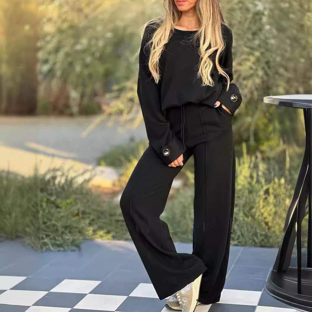 Sarah Express Women's Two-Piece Matching Set Long Sleeve Top Wide Leg Pants