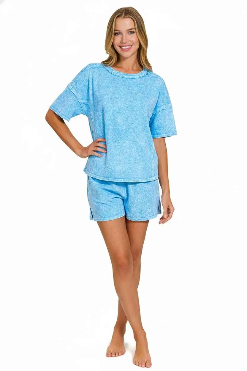 Sarah Express Women's Snow Washed Tee and Shorts Set - Casual Loungewear Two Piece
