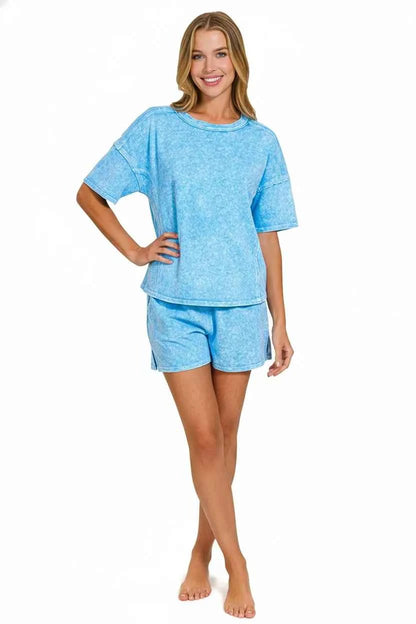 Sarah Express Women's Snow Washed Tee and Shorts Set - Casual Loungewear Two Piece
