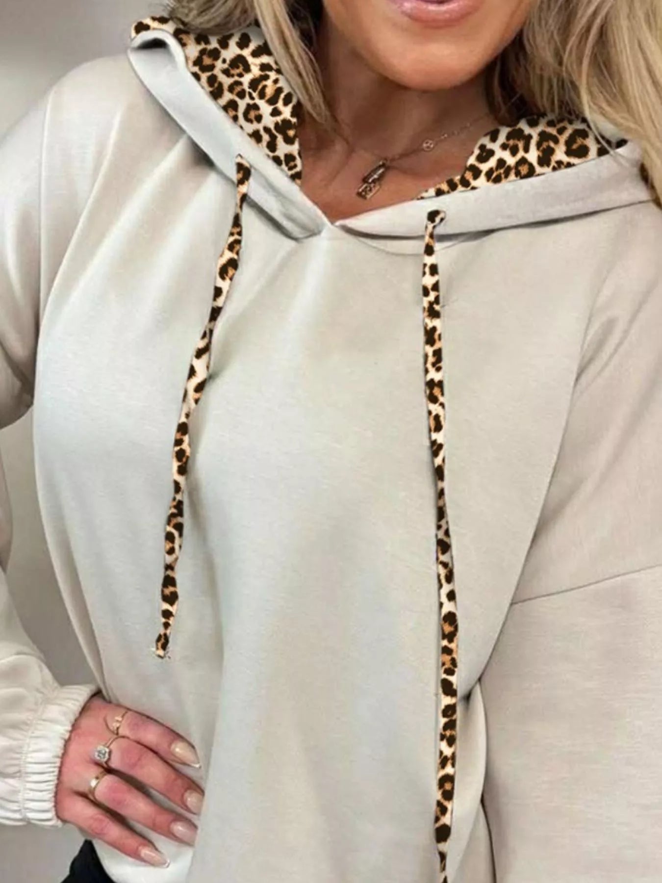 Sarah Express Women's Leopard Trim Drawstring Long Sleeve Hoodie