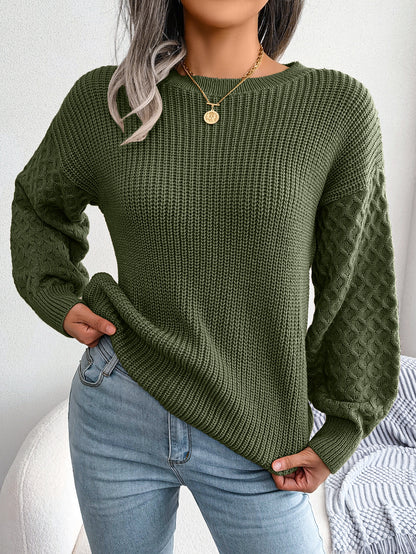 Sarah Express Women's Polka Dot Lantern Sleeve Knitted Sweater - Casual Loose Fit Pullover Khaki