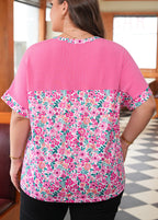 Women's Plus Size Floral Print Corded Patchwork Loose Top