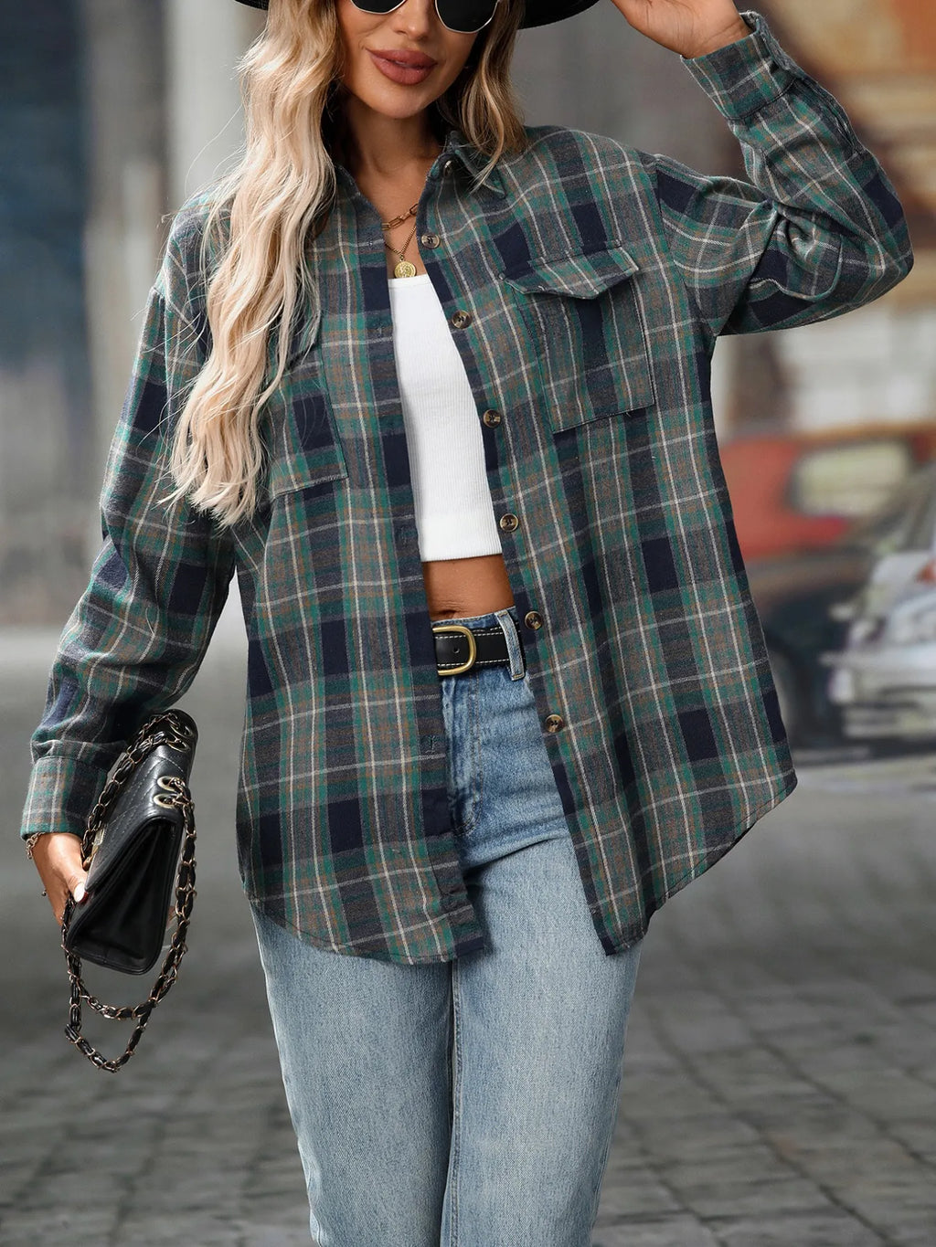 Sarah Express Women's Oversized Plaid Button-Up Shirt