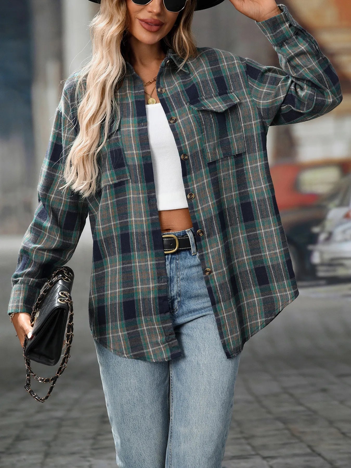 Sarah Express Women's Oversized Plaid Button-Up Shirt