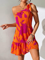 Sarah Express Floral Print One Shoulder Dress Ruffle Hem Sleeveless Midi Length