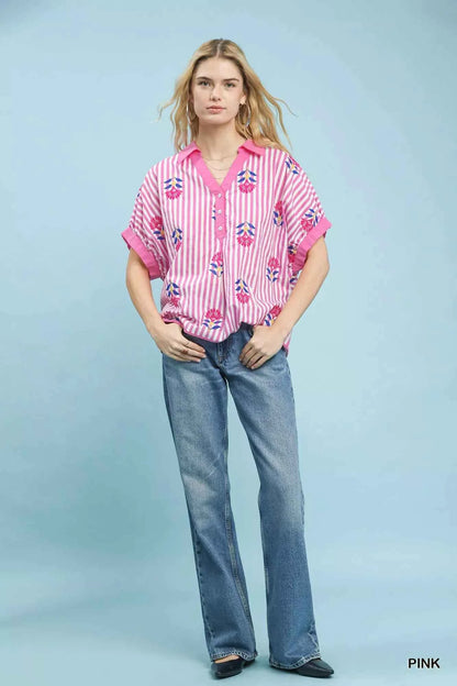 Sarah Express Women's Stripe Embroidered Button-Front Boho Blouse - Casual Oversized Top