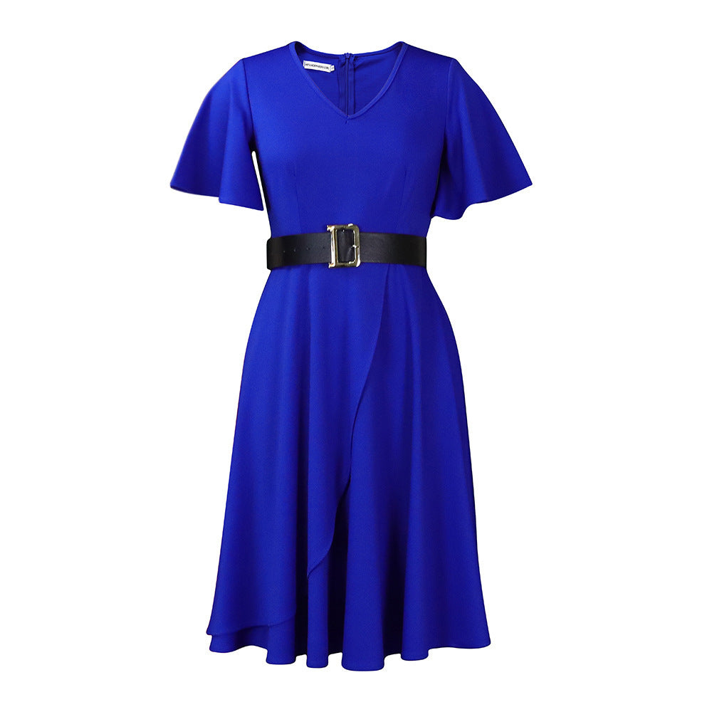 Sarah Express Women's Flared Sleeve Belted High Waist Mid-Length Dress Plus Size