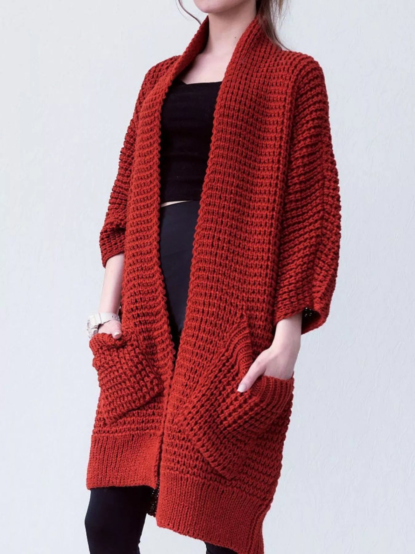 Sarah Express Women's Chunky Knit Open Front Cardigan Plus Size Waffle Knit Sweater Red