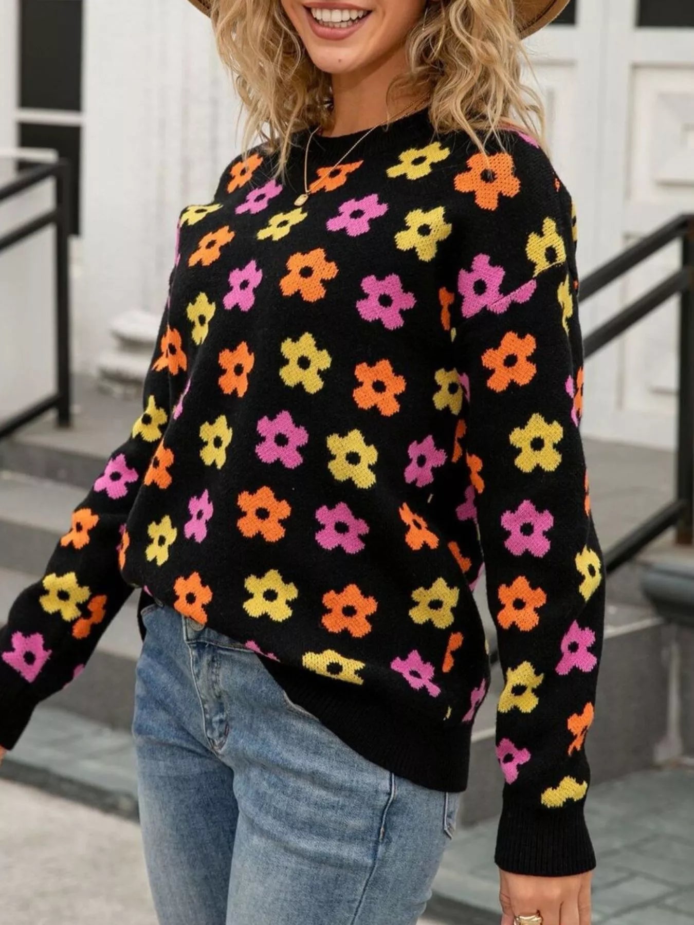 Sarah Express Women's Floral Crew Neck Sweater - Acrylic Knit Pullover