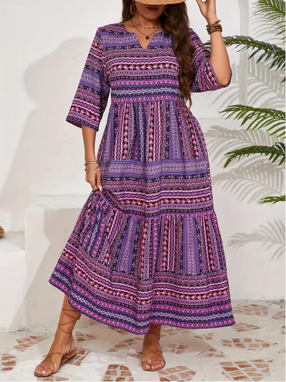 Sarah Express Women's Plus Size All Over Print Tiered Vacation Dress Notch Neck Short Sleeve