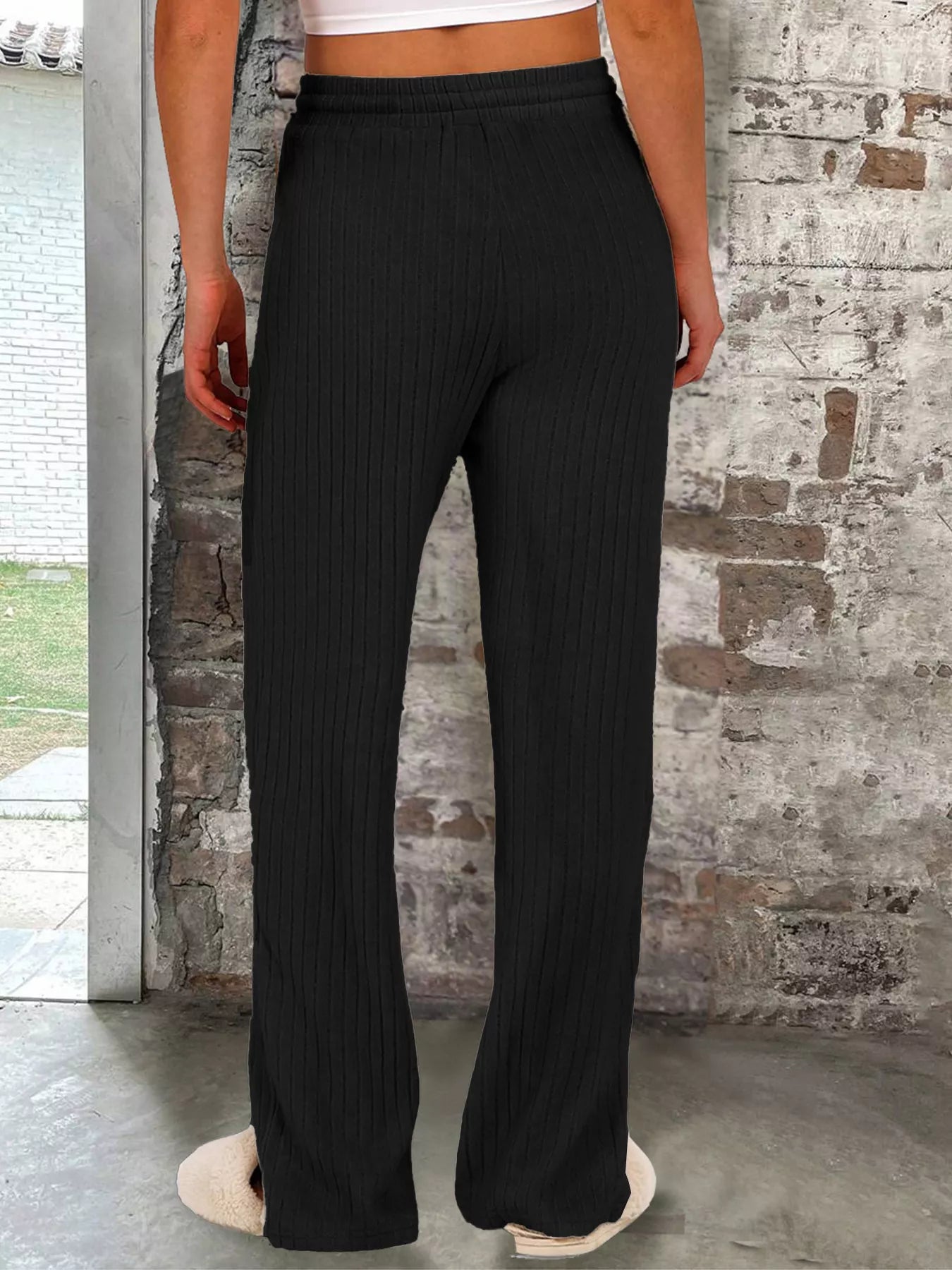 Sarah Express Women's Ribbed Knit Joggers with Pockets - Drawstring Waist Lounge Pants