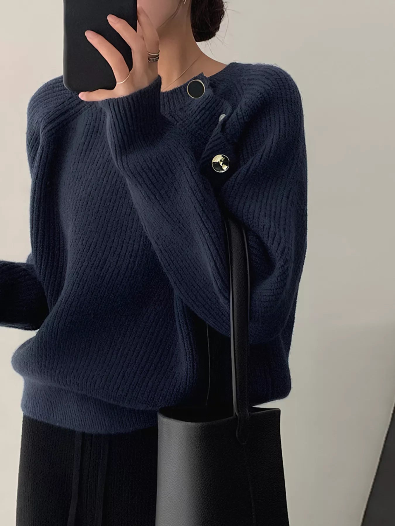 Sarah Express Women's Button-Decorated Round Neck Sweater