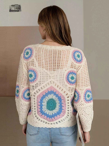 Sarah Express Women's Crochet V-Neck Knit Cover Up - Openwork Beach Cardigan