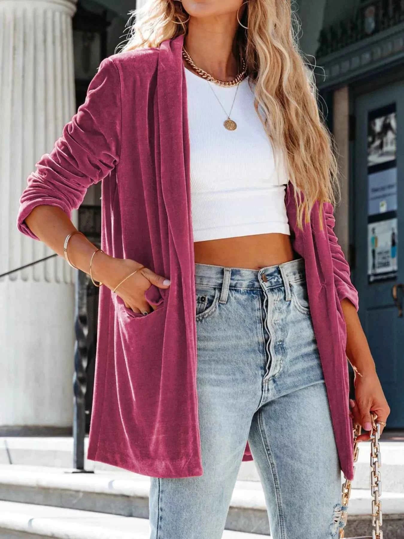 Sarah Express Women's Velvet One Button Blazer Jacket - Elegant Outerwear Rose Red