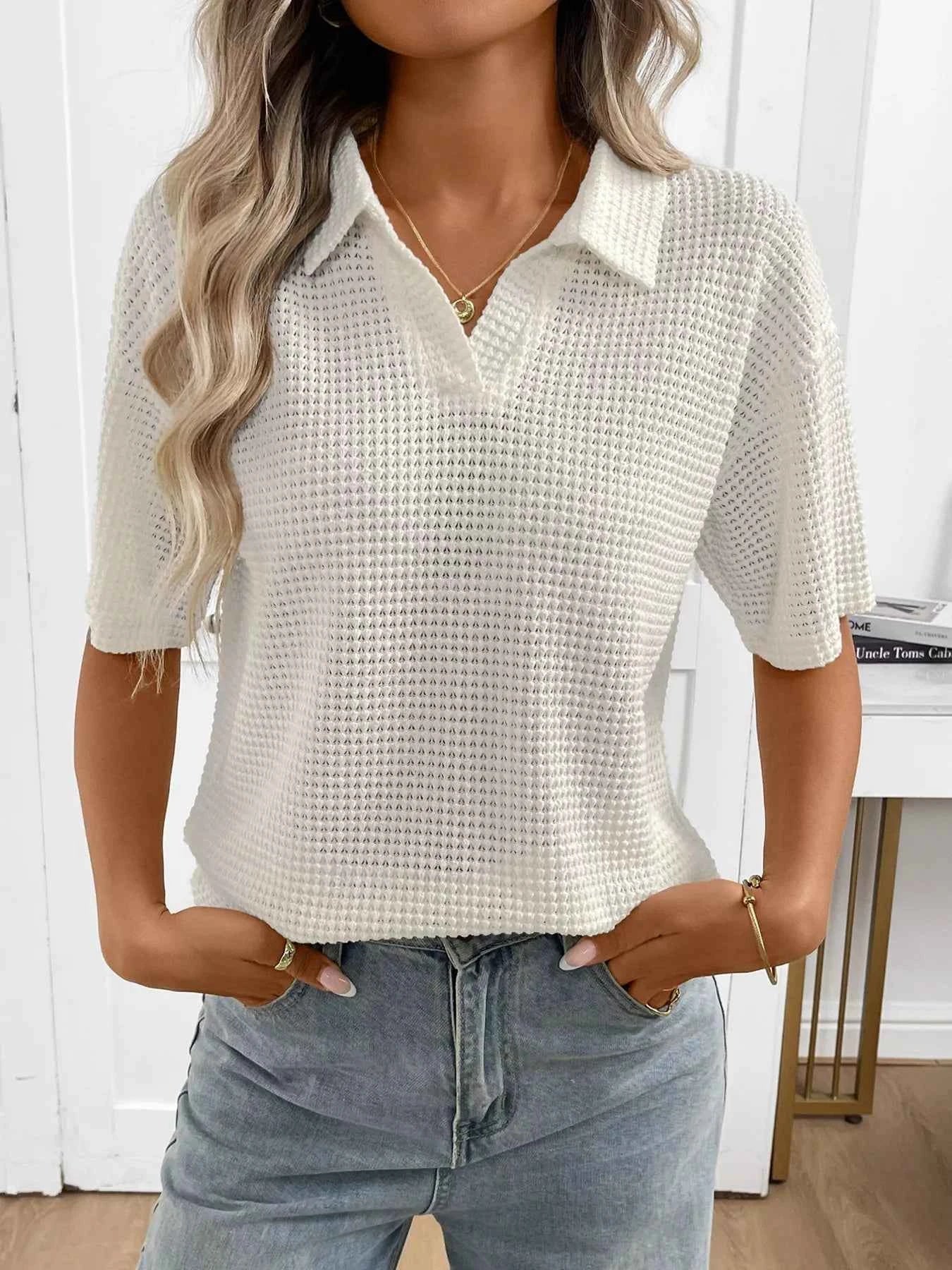 Sarah Express Women's Striped Waffle Knit Short Sleeve Top Beige