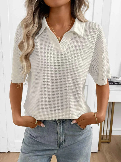 Sarah Express Women's Striped Waffle Knit Short Sleeve Top Beige