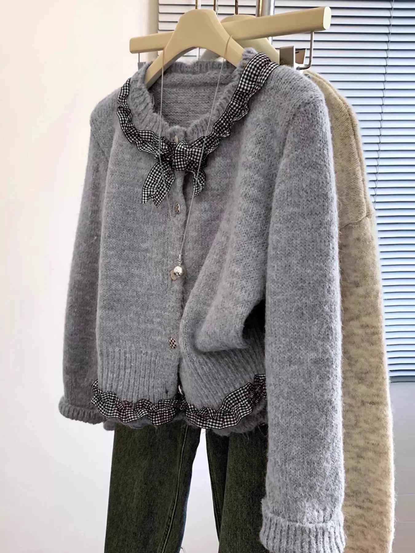 Sarah Express Women's Ruffle Trim Button Up Cardigan - Cozy Knit Sweater Gray One Size