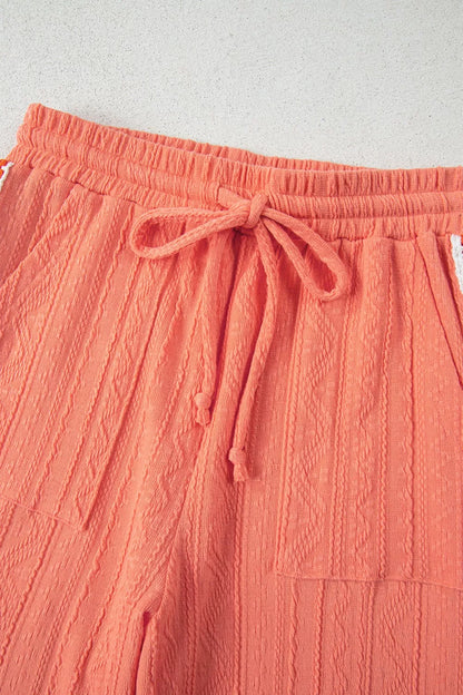 Sarah Express Women's Crochet Floral V-Neck Textured Top and Pants Two-Piece Set