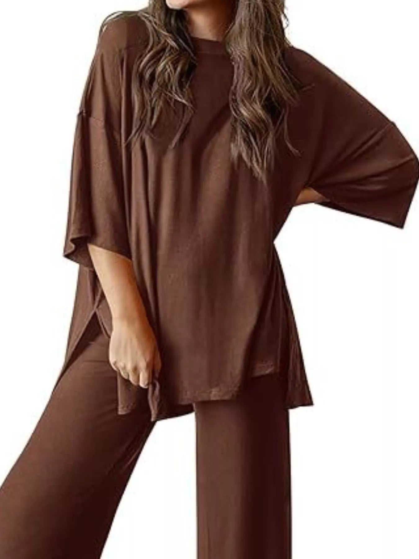Sarah Express Relaxed Fit Round Neck Top and Pants Two-Piece Lounge Set