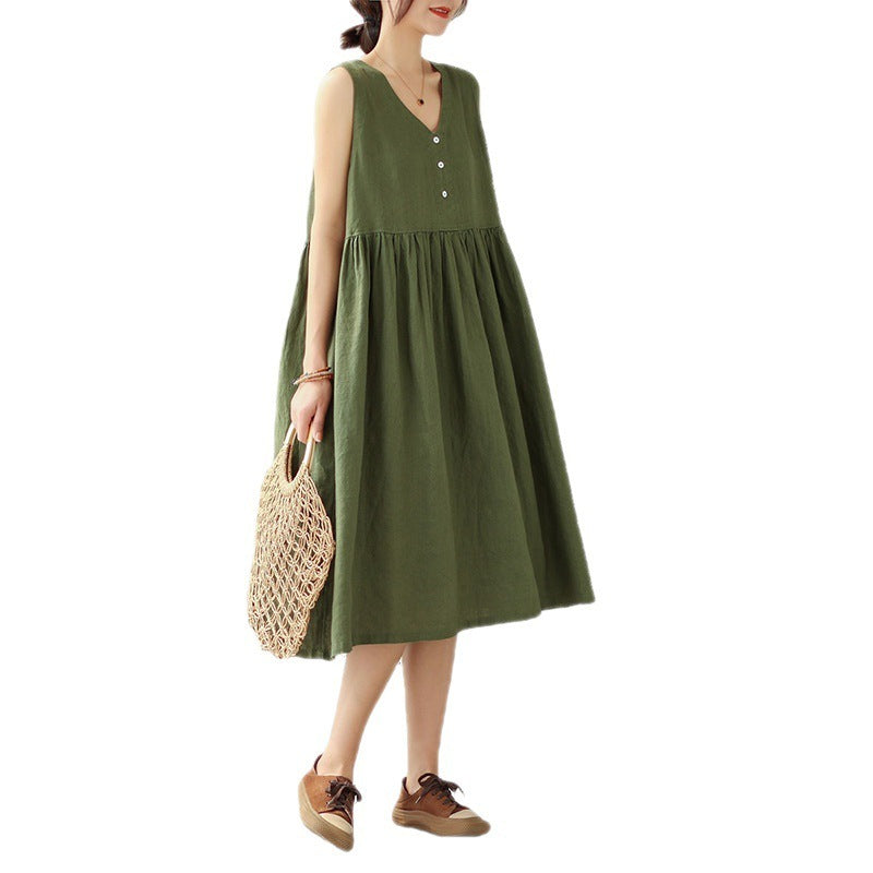Sarah Express Women's Cotton Linen V-Neck Sleeveless Midi Dress Japanese Style Loose Fit Summer