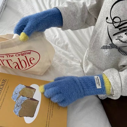 Sarah Express Women's Warm Plush Contrast Knitted Gloves Dark Blue One Size