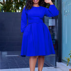 Women's Long Sleeve Belted Swing Dress - Elegant High Waist Mid-Length Dress