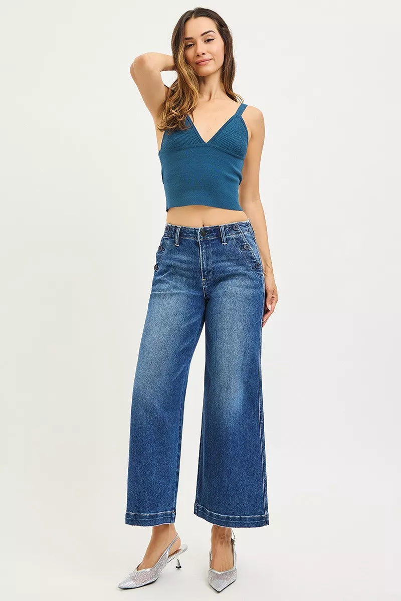 Sarah Express Women's High Rise Wide Leg Jeans With Pocket Button Detail