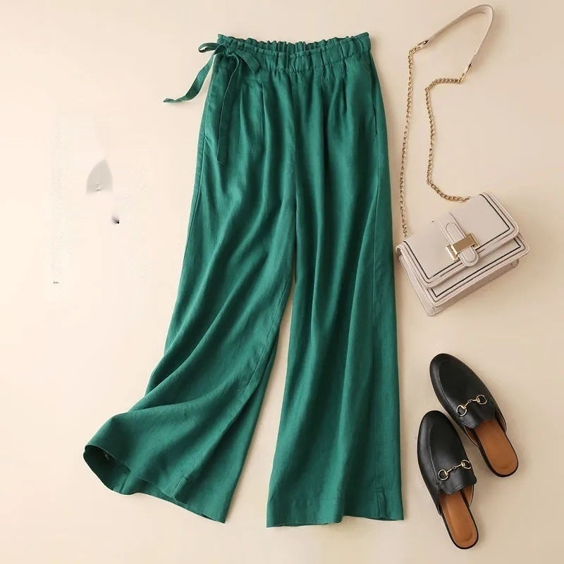 Sarah Express High Waist Lace-Up Cropped Pants Women's Elastic Waist Retro Cotton Casual Bottoms
