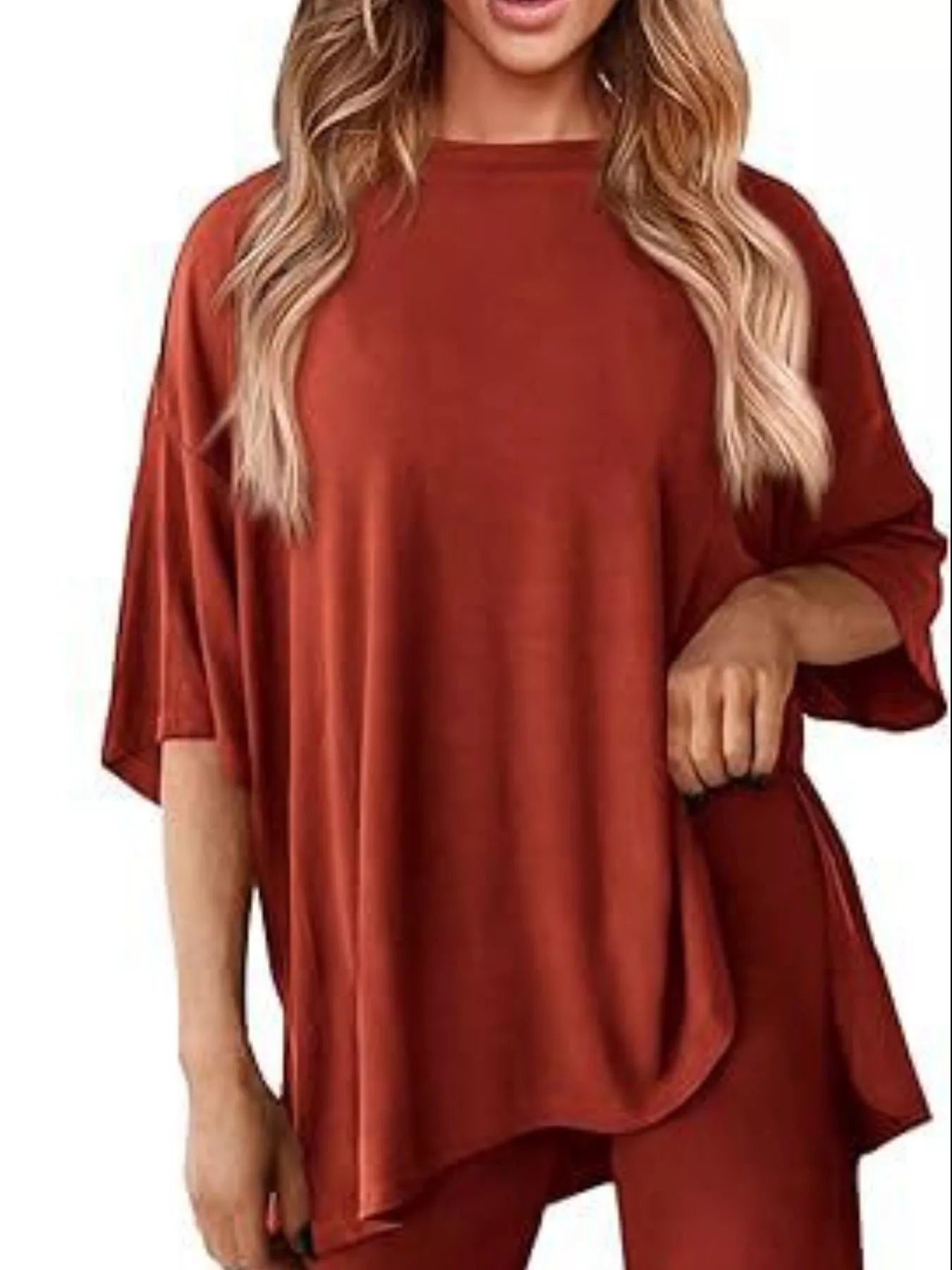 Sarah Express Women's Two Piece Slit Round Neck Top and Pants Set - Casual Loungewear Outfit