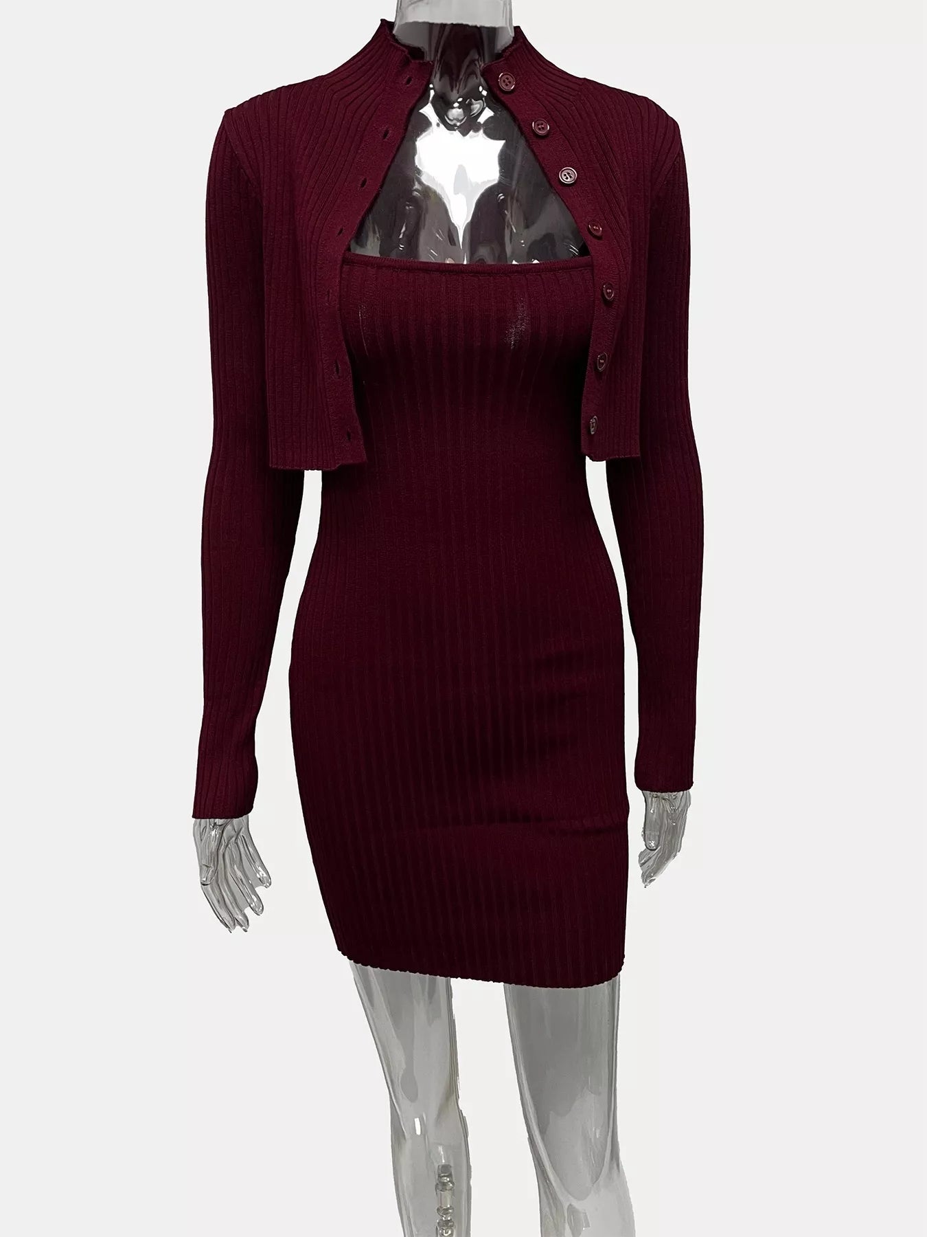 Sarah Express Women's Ribbed Knit Button-Up Cardigan and Dress Sweater Set