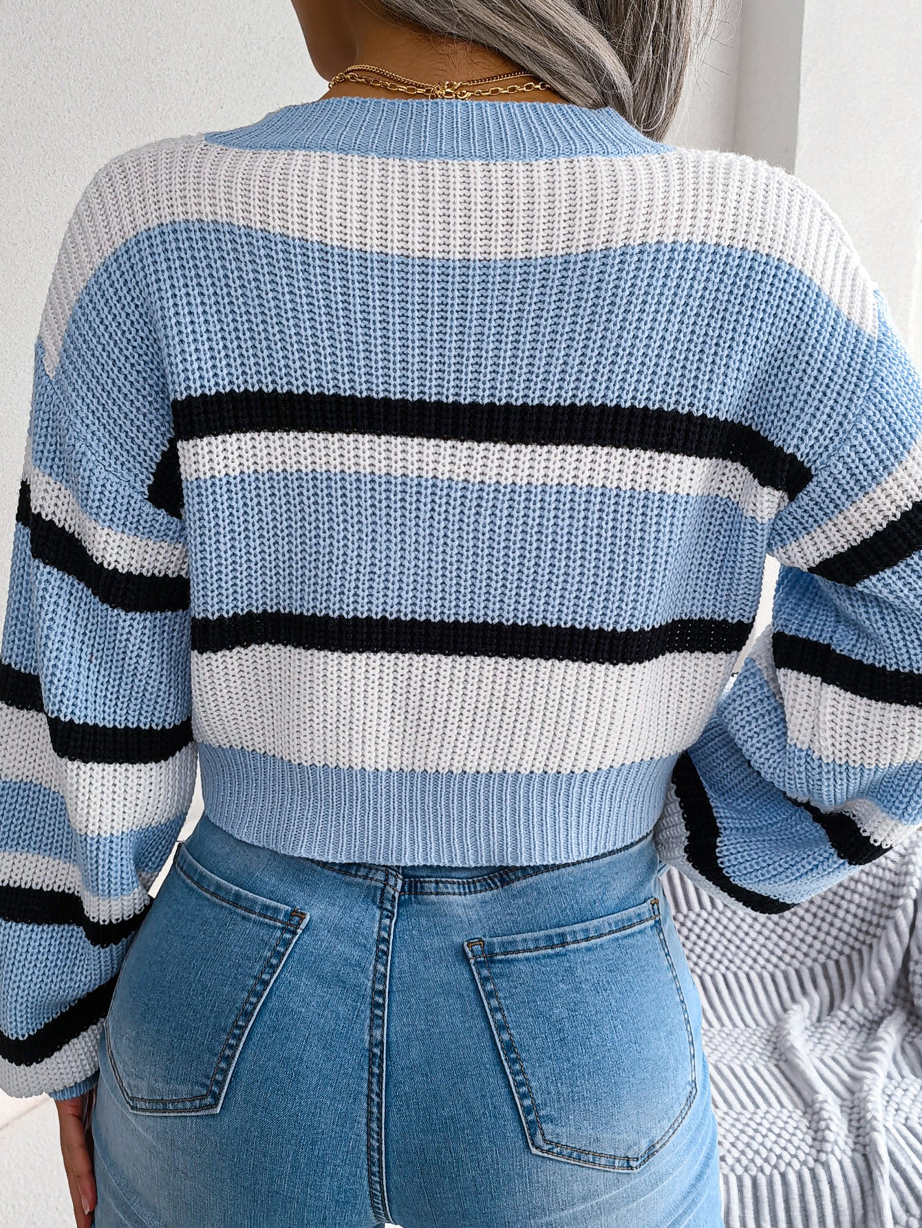 Sarah Express Women's Striped Long Sleeve Cropped Knit Sweater - Casual Pullover Top