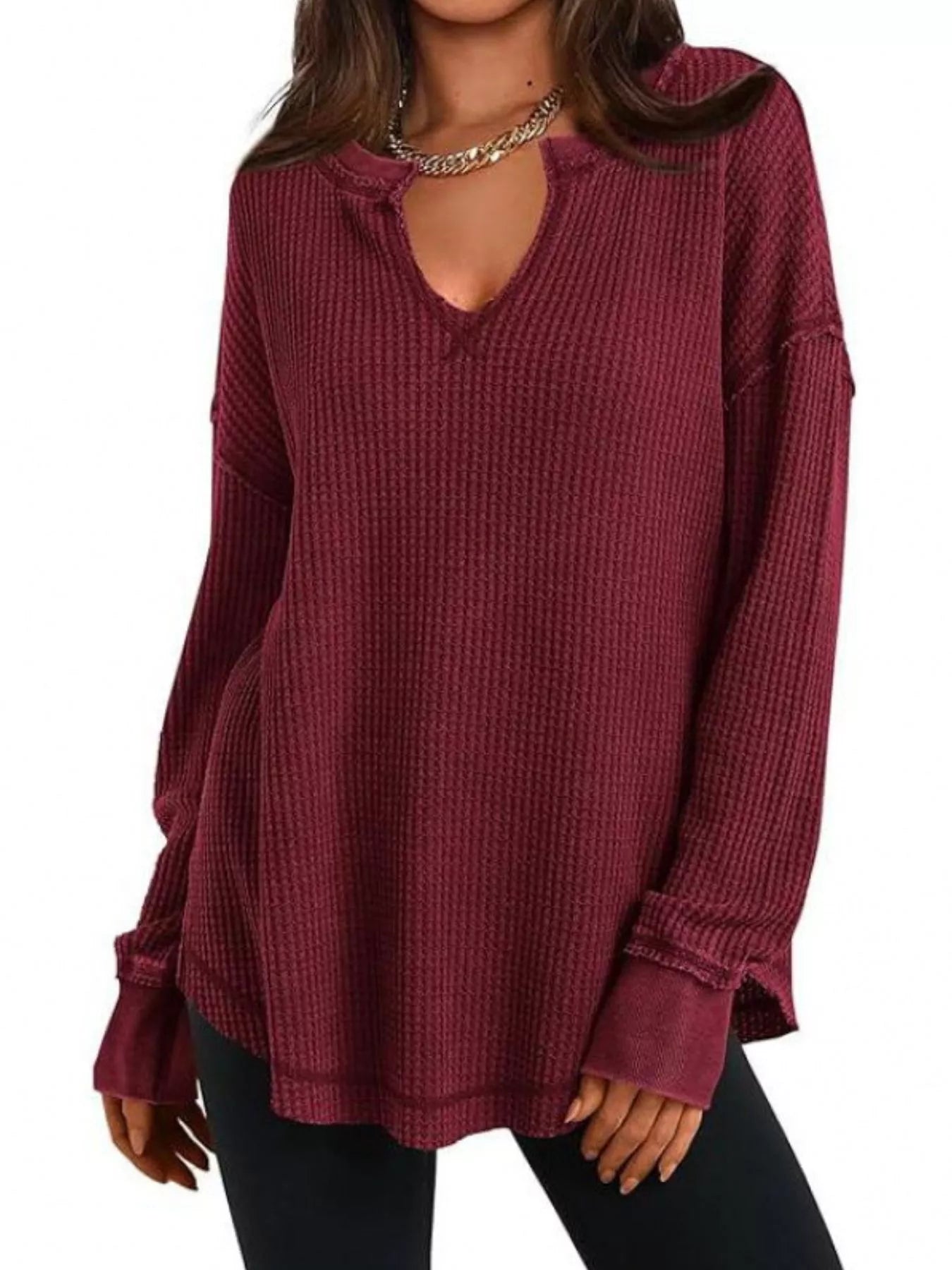 Sarah Express Women's Slit Notched Long Sleeve T-Shirt Burgundy Red