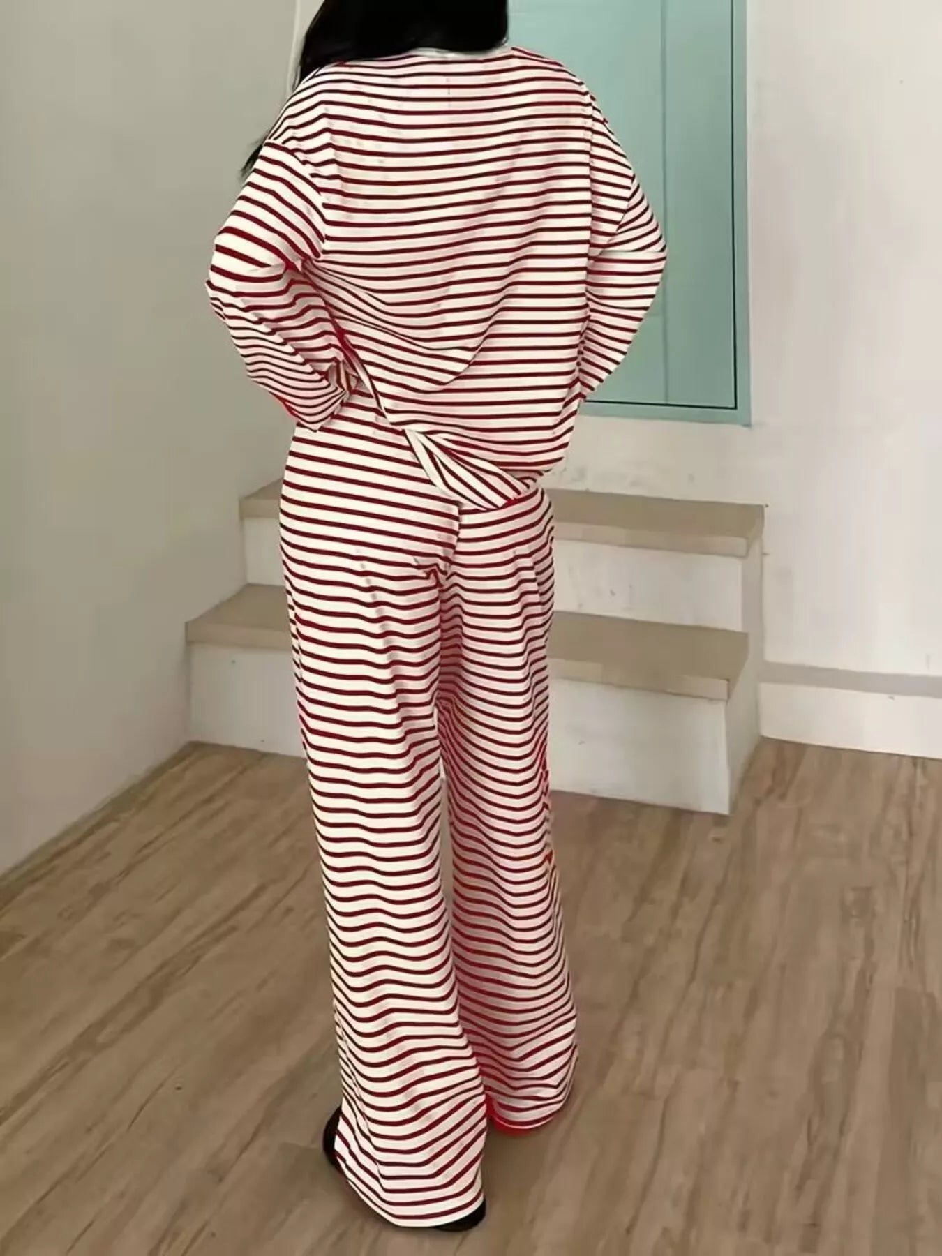 Sarah Express Women's Striped Long Sleeve Top and Pants Lounge Set