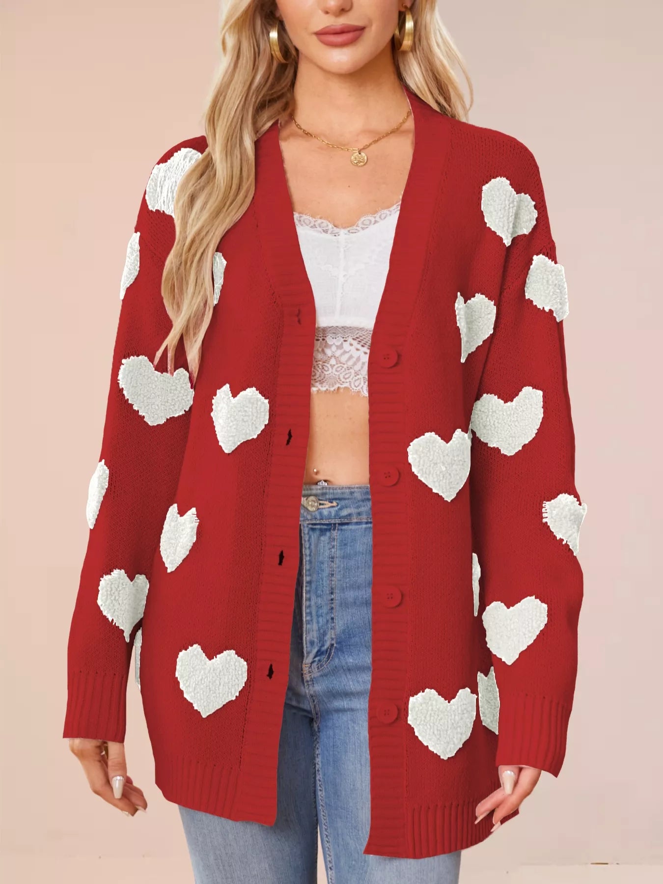 Sarah Express Women's Heart Pattern Knit Button-Up Cardigan Red